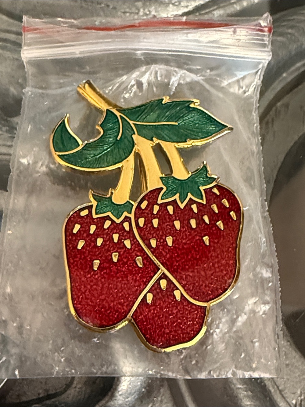Vintage Triple Strawberries Fish & Crown Strawberry Enamel Pin Red & Green